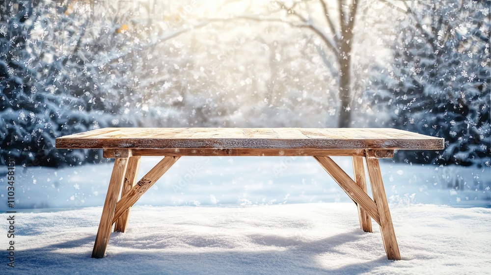 Wooden Table in Snowy Winter Forest - Winter Wonderland Background Wooden Table in Snowy Winter Forest - Winter Wonderland Background