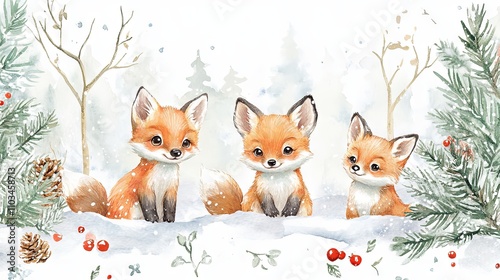 Cute Foxes in a Winter Wonderland Watercolor Painting