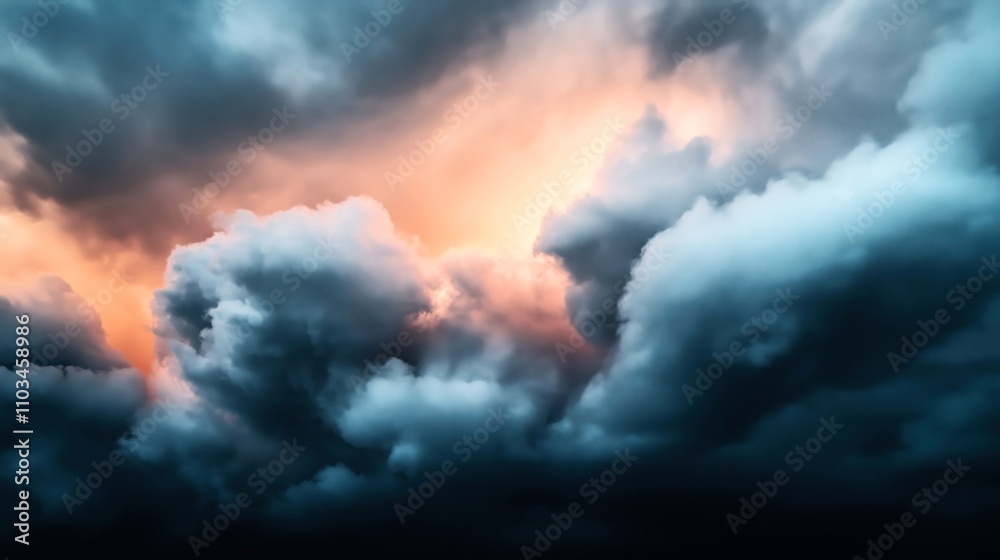 Dramatic sky with dark storm clouds and bright orange sunlight creating a contrast in the atmosphere emphasizing weather changes and nature's power. Dramatic sky with dark storm clouds and bright orange sunlight creating a contrast in the atmosphere emphasizing weather changes and nature's power.