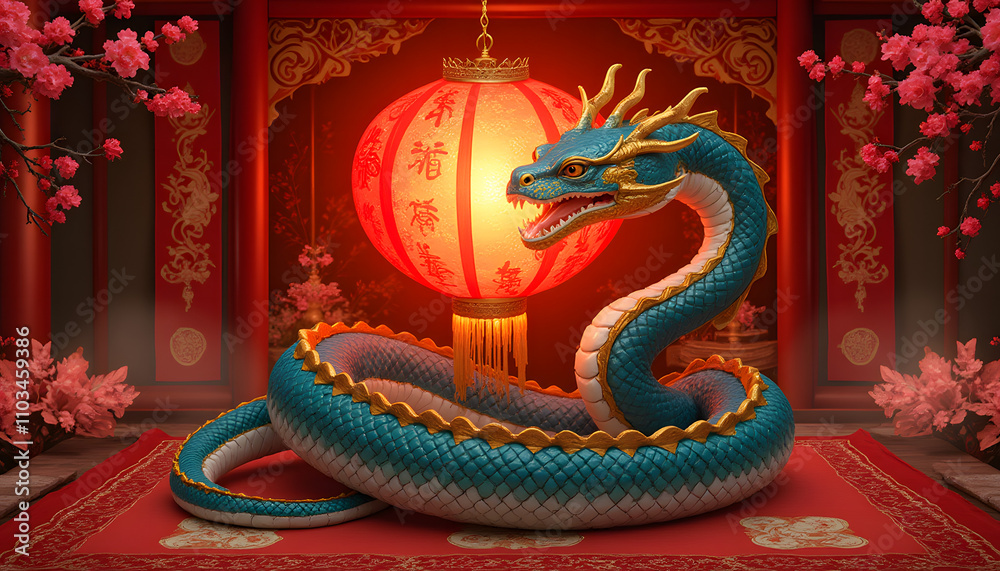 Fototapeta premium Digital illustration of a majestic snake coiled around a glowing red lantern, intricate scales with gold accents, surrounded by traditional Chinese patterns and cherry blossoms