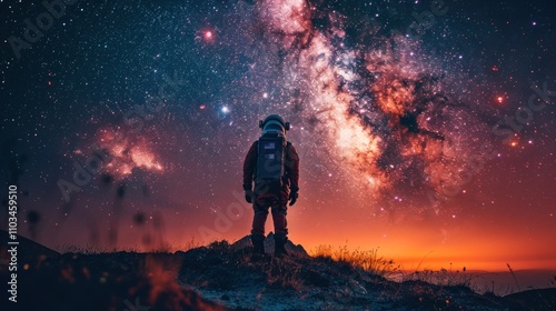 An astronaut gazes at a vibrant galaxy in a stunning night sky.