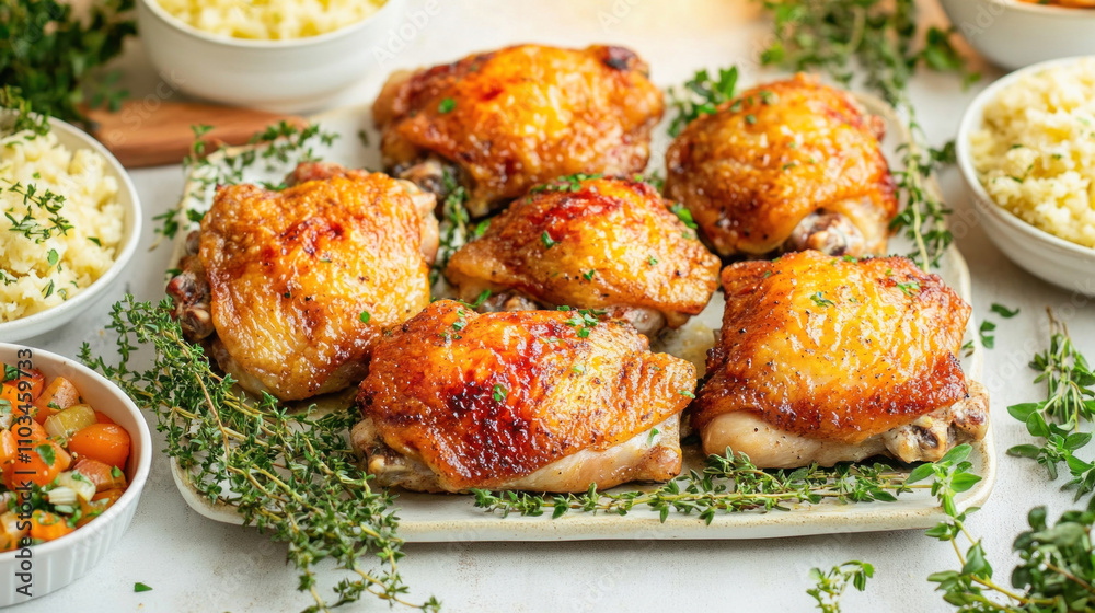 Delicious roasted chicken thighs garnished with fresh thyme on serving platter Delicious roasted chicken thighs garnished with fresh thyme on serving platter