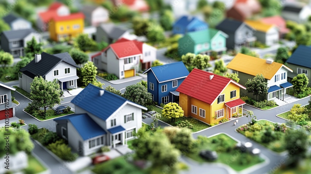 Residential landscape aerial view of a vibrant suburban neighborhood community Residential landscape aerial view of a vibrant suburban neighborhood community