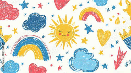 Childlike Drawing Featuring Suns Rainbows Clouds and Crowns