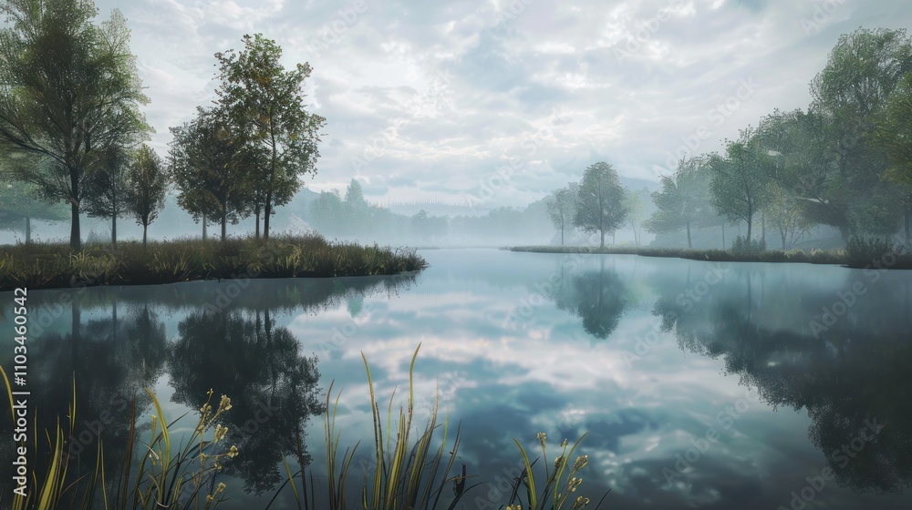 Serene landscape with a misty lake reflecting trees under a cloudy sky.
