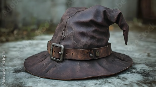 Worn Leather Witch s Hat Worn by Post Apocalyptic Field Medic for Rugged Utility photo