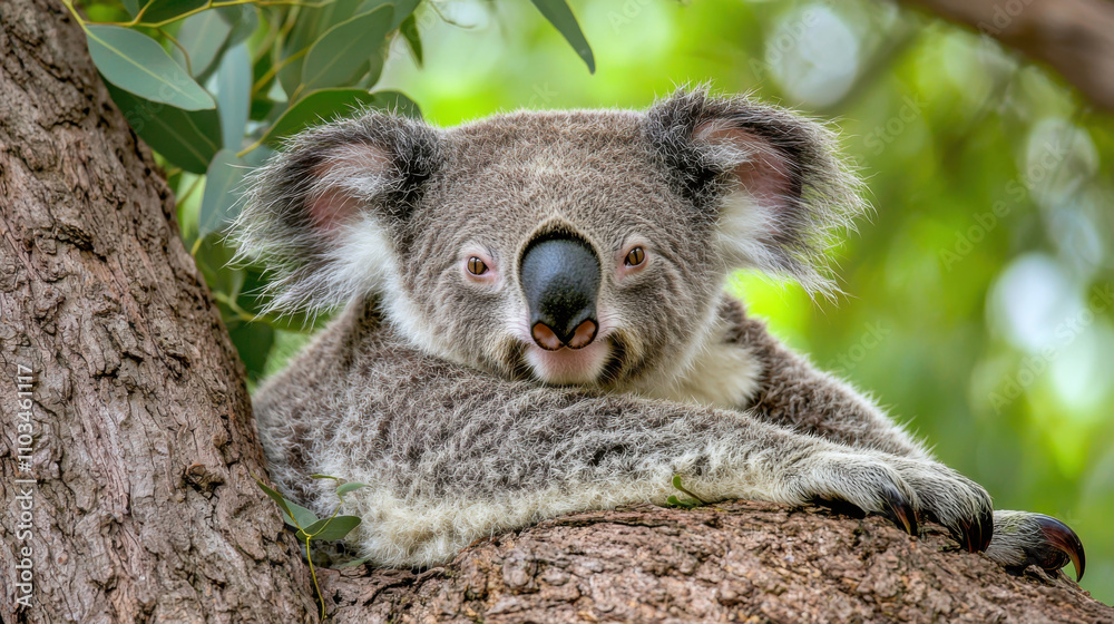 Obraz premium Koala resting on eucalyptus tree with soft light highlighting its fur