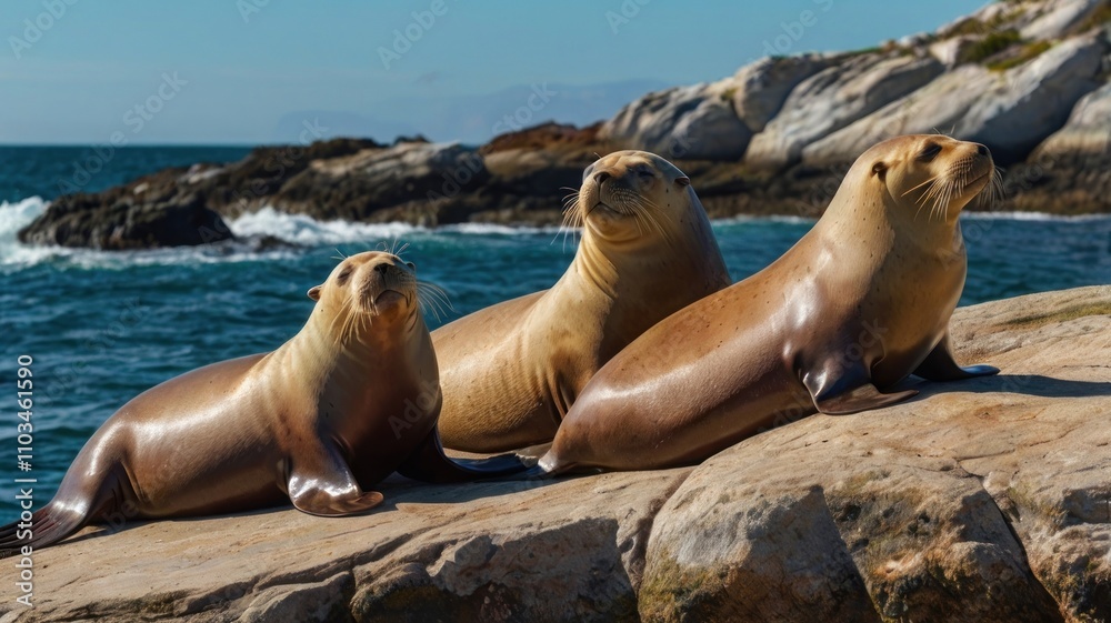 Fototapeta premium Here's a caption and keywords for your stock photo.. Three California sea lions rest on rocky shore.