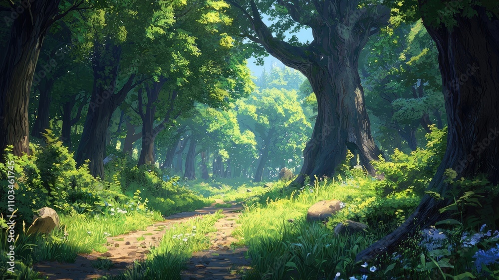 Obraz premium A sun-dappled path through a lush, green forest