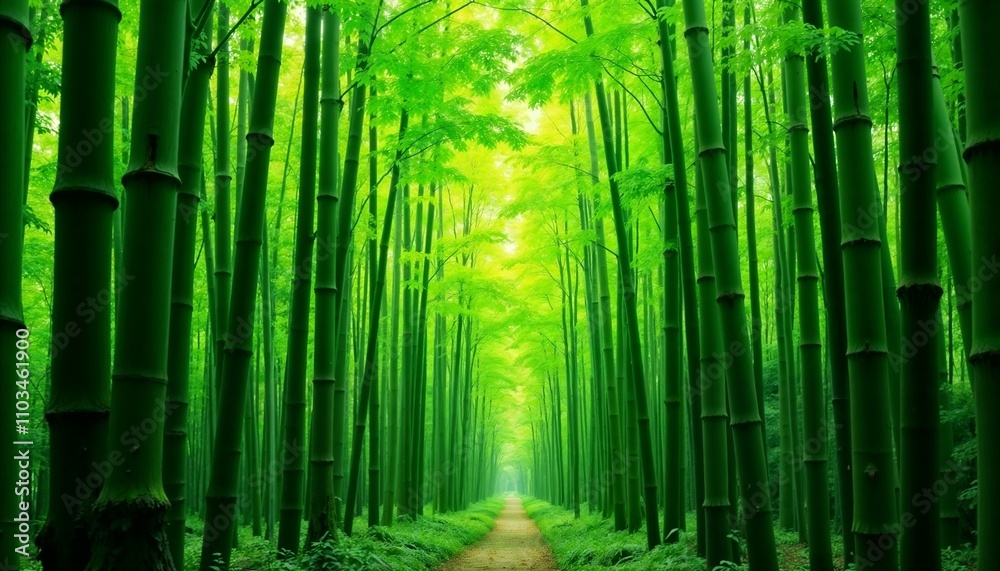 Vibrant green bamboo forest with sunlight rays Vibrant green bamboo forest with sunlight rays