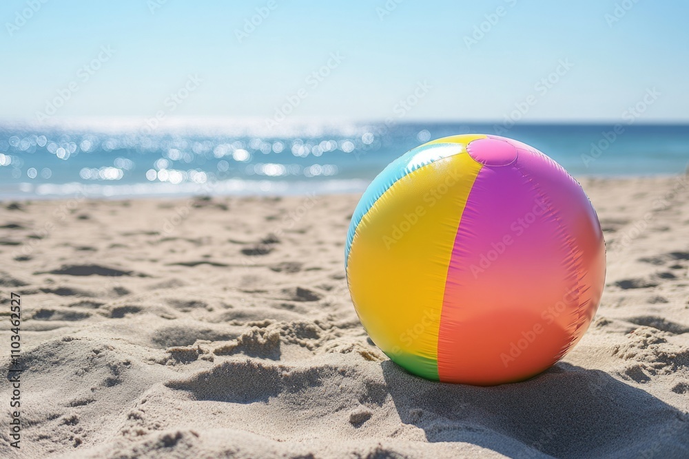 Summer Fun: Bright Inflatable Ball at Beach with Ocean Background Summer Fun: Bright Inflatable Ball at Beach with Ocean Background
