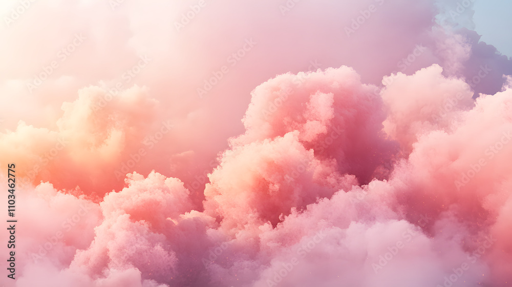 Dreamy pink and orange clouds fill the frame, creating a soft, ethereal atmosphere.  Perfect for backgrounds or dreamy concepts. Soft light illuminates the fluffy cloudscape.