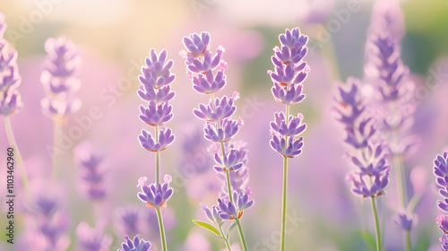 Soft, sunlit lavender flowers in a field. Delicate purple blooms create a calming, peaceful scene. Perfect for relaxation and nature themes.