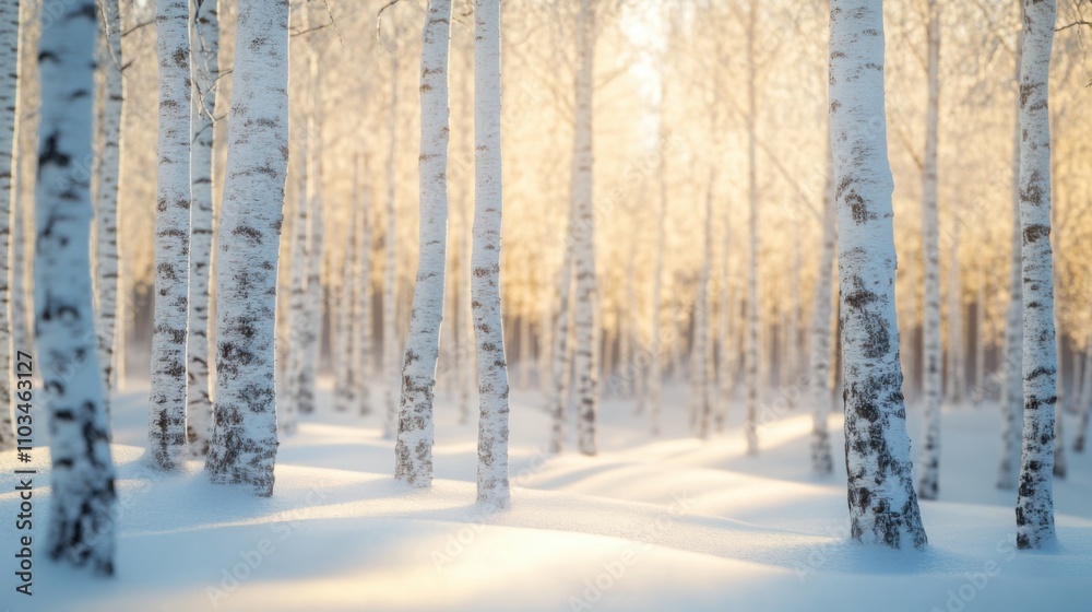 A grove of birch trees, their white bark blending into the snow-covered landscape. A grove of birch trees, their white bark blending into the snow-covered landscape.