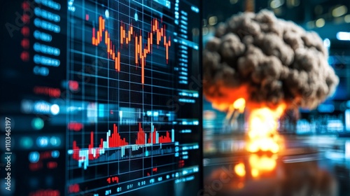 war stock market concept. Financial chart with an explosion in the background showcasing volatility.