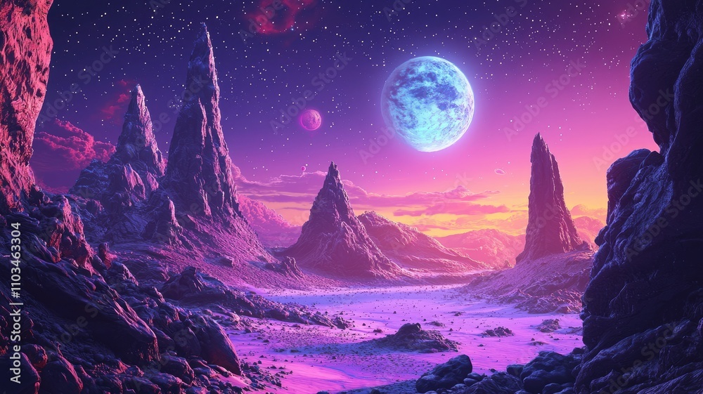 Fototapeta premium A Purple and Pink Alien Landscape with a Large Moon and Stars
