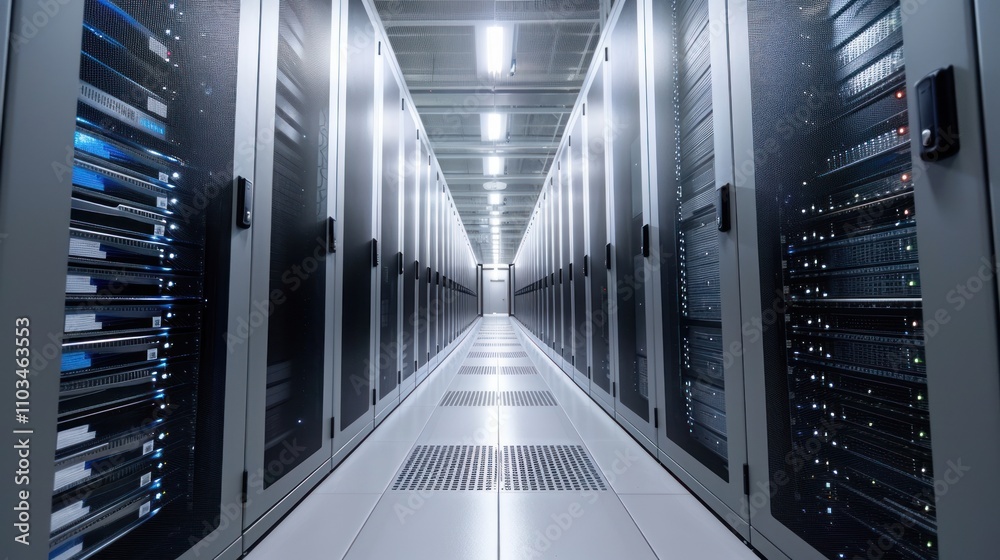 A corridor lined with server racks in a modern data center, showcasing technology infrastructure. A corridor lined with server racks in a modern data center, showcasing technology infrastructure.