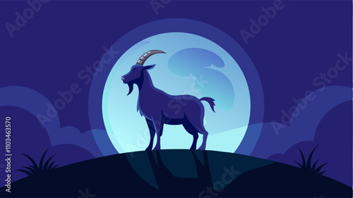 A goat stand at hill with moon at night for your background inspiration animal or wallpaper