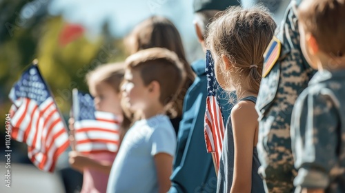 A military family at a Memorial Day ceremony, children holding American flags, and veterans in uniform standing solemnly