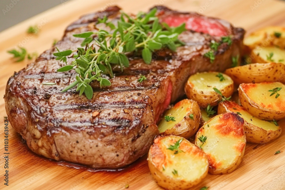 Grilled ribeye steak with roasted potatoes and thyme resting on wooden cutting board Grilled ribeye steak with roasted potatoes and thyme resting on wooden cutting board