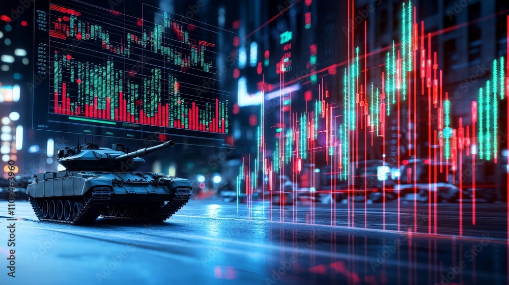 war stock market concept. Military tank on a city street with digital stock market graphs. war stock market concept. Military tank on a city street with digital stock market graphs.