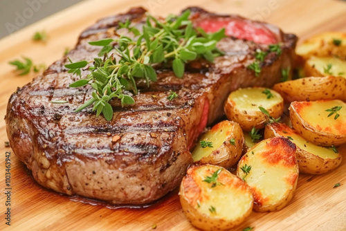 Grilled ribeye steak with roasted potatoes and thyme resting on wooden cutting board