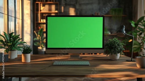 Modern Home Office Setup Mockup with Empty Green Screen Computer