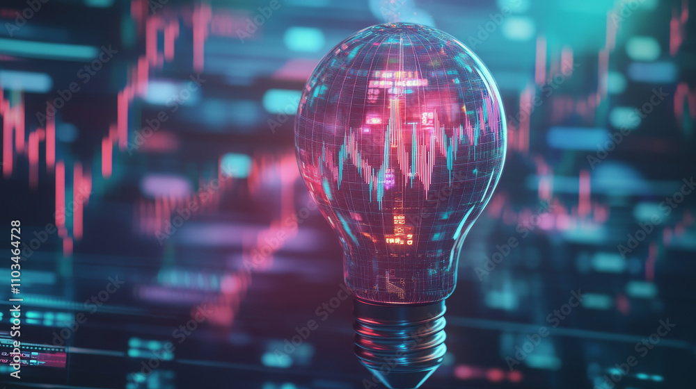 Vector illustration 3D polygonal stock market candle sticks inside a digital light bulb. Economics Innovation concept. Stock market graph chart and lamp. Technological Vector illustration. Vector illustration 3D polygonal stock market candle sticks inside a digital light bulb. Economics Innovation concept. Stock market graph chart and lamp. Technological Vector illustration.