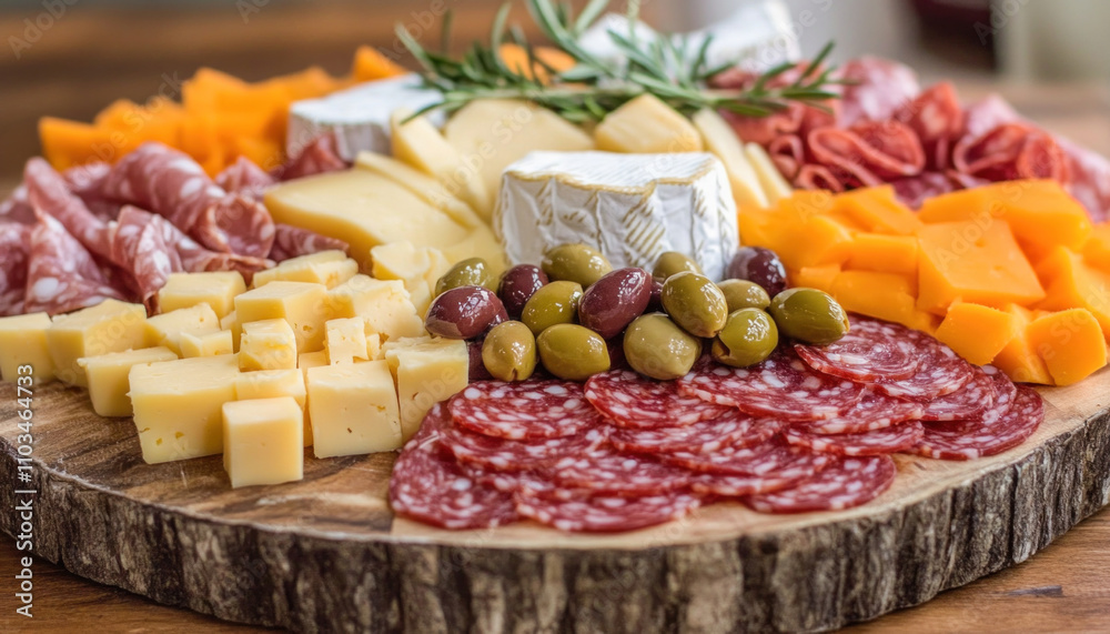 Charcuterie board presenting assorted cheeses, cured meats, olives, and rosemary Charcuterie board presenting assorted cheeses, cured meats, olives, and rosemary
