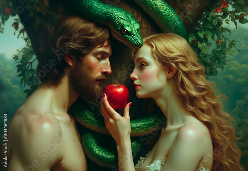 fall from grace. lapse from virtue. Adam and Eve in Garden of Eden. Eva giving Adam red apple. serpent tempter in paradise. Christian religious legendary story. green ancient snake devil lucifer satan