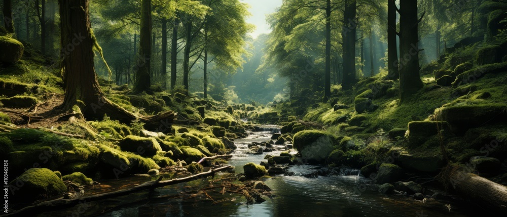 Obraz premium Tranquil Forest Stream Surrounded by Lush Greenery and Moss