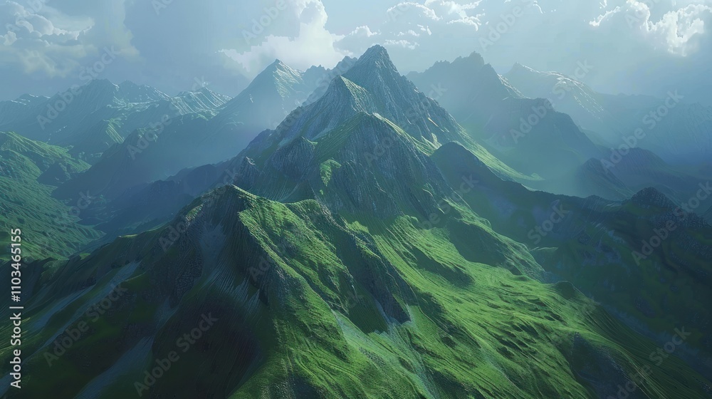 Majestic mountain landscape with lush greenery and dramatic lighting. Majestic mountain landscape with lush greenery and dramatic lighting.