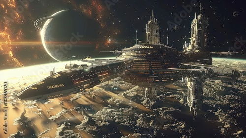 Fototapeta Naklejka Na Ścianę i Meble -  A futuristic spaceship docked at a space station near a gas giant planet.