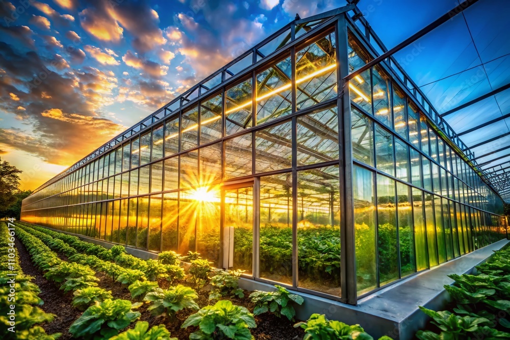 Fototapeta premium Capturing the Essence of Eco-Friendly Agriculture: Low Light Photography Showcasing Glass Structures and Nature's Plants in Perfect Harmony with Earth Care Concepts