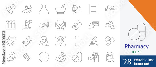 Pharmacy editable line icon Set. containing  syrup, medicine, drug, bandage, stethoscope, healing, cream and more thin line icons