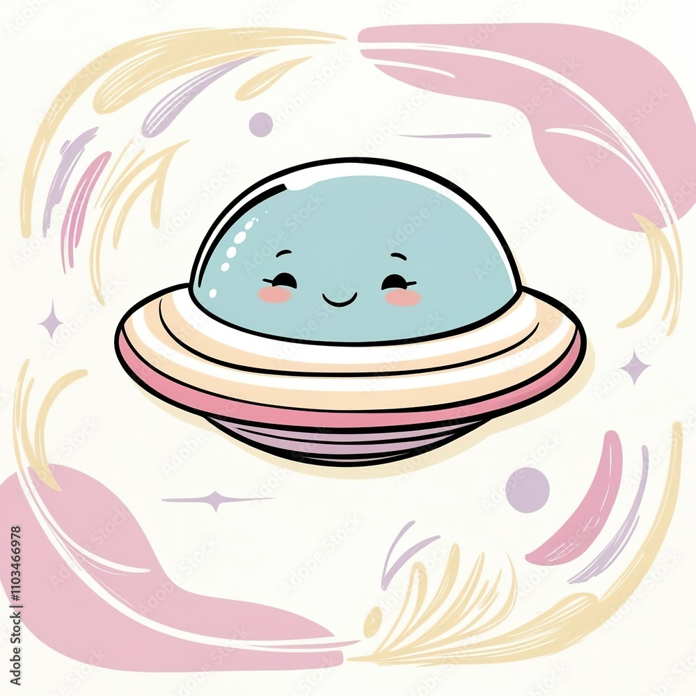 Whimsical hand-drawn clip artwork of a smiling face of an unidentified flying object in a vector style with bold lines, soft curves, and delicate textures. Pastel creamy card. Science fiction day. Whimsical hand-drawn clip artwork of a smiling face of an unidentified flying object in a vector style with bold lines, soft curves, and delicate textures. Pastel creamy card. Science fiction day.