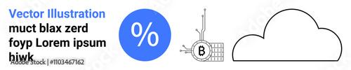 Blue percentage sign, Bitcoin mining symbol, and a cloud outline. Ideal for finance apps, fintech websites, cryptocurrency education, cloud storage services, digital wallets, tech blogs