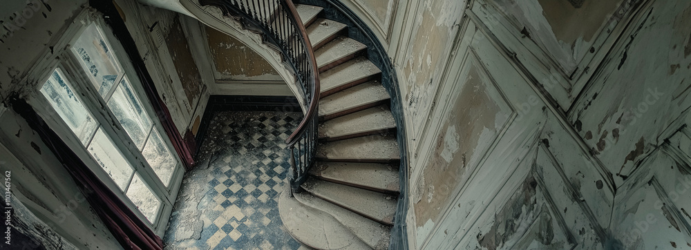 Obraz premium Enchanting Spiral Staircase in an Abandoned Historical Structure: A Photographer's Dream.