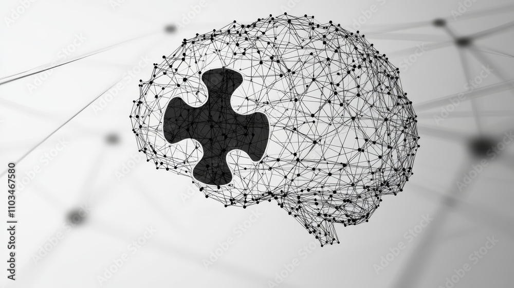 Puzzle piece on brain isolated from low poly wireframe on white ...