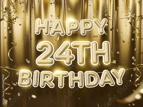 Happy 24th Birthday with shimmering gold text and confetti. photo