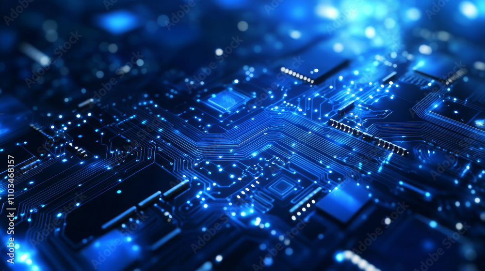 Thin circuit trace lines in blue on a dark technology background. Abstract digital tech bg. Electronics and computer technology concept. Chip and circuit board. Vector illustration with text space. Thin circuit trace lines in blue on a dark technology background. Abstract digital tech bg. Electronics and computer technology concept. Chip and circuit board. Vector illustration with text space.