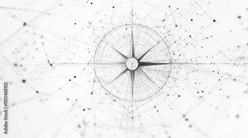 Grey compass rose with polygon line on abstract background. Polygonal space low poly with connecting dots and lines. Connection structure. Vector science background