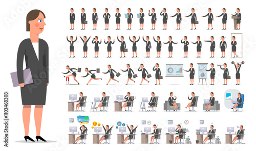Businesswoman or manager character creation big set. Different views, gestures, emotions.
