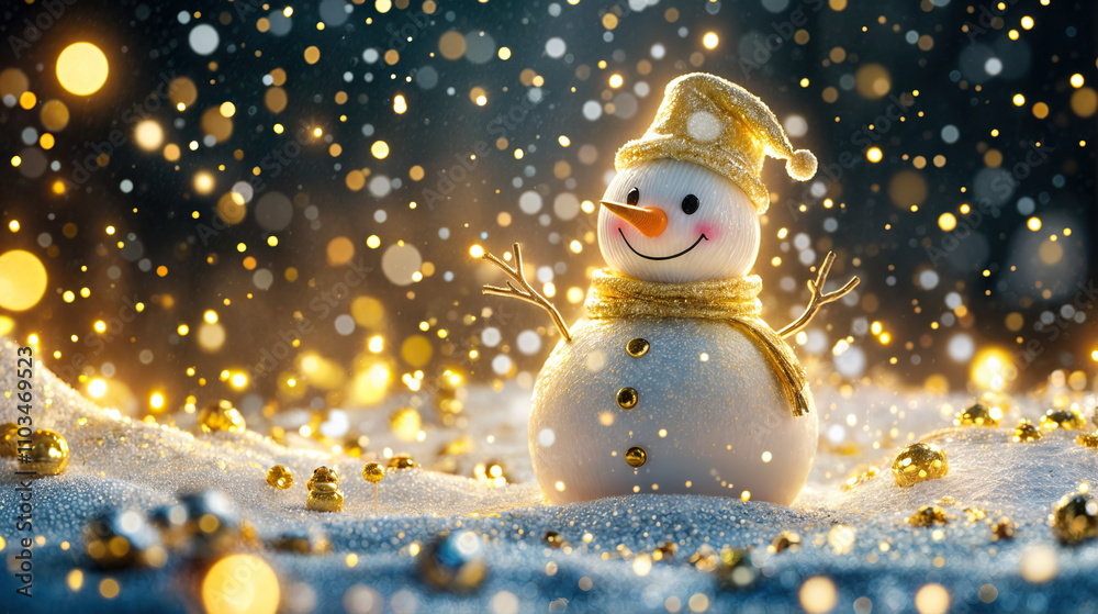 Fototapeta premium A cheerful snowman with a golden scarf and hat, standing on top of a pile of snowflakes