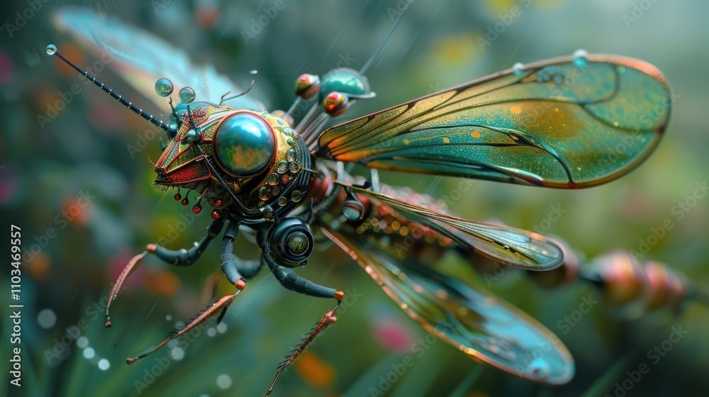 Fototapeta premium A vibrant, futuristic insect with metallic features amidst a colorful natural background.