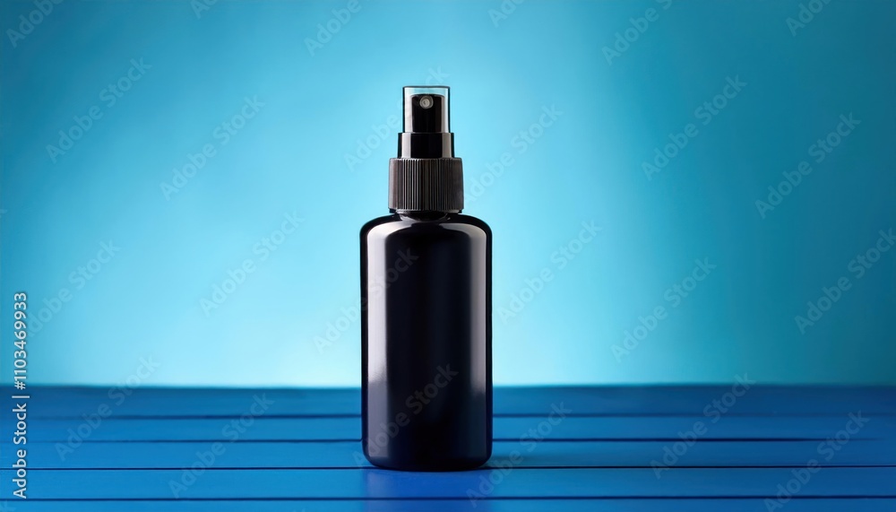Black Cosmetic Spray Bottle on Blue Background - Sleek and Modern Beauty Product Black Cosmetic Spray Bottle on Blue Background - Sleek and Modern Beauty Product