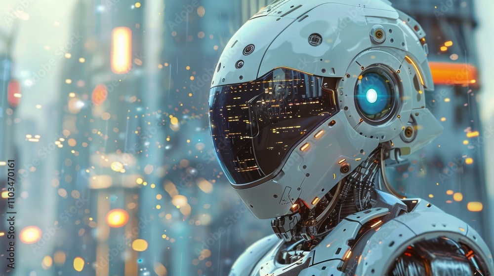 A futuristic robot with a sleek helmet in a high-tech urban environment. A futuristic robot with a sleek helmet in a high-tech urban environment.
