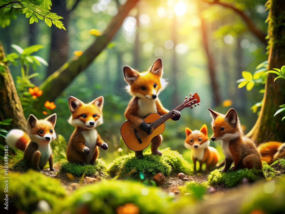 Fototapeta premium Charming Forest Scene with Adorable Foxes Playing Guitar, Perfect for Nature Lovers and Wildlife Enthusiasts, Capturing the Joy of Music Amongst Trees and Nature's Beauty