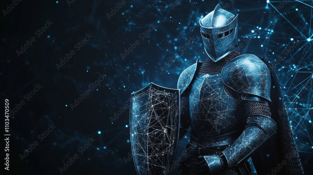 Fototapeta premium Knight shield on a laptop background. Abstract Low poly wireframe illustration. Polygonal isolated protect internet data concept consisting of points and lines. 3D vector security concept. 