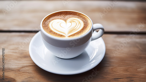 Beautiful lattle art coffee on white cup wooden table